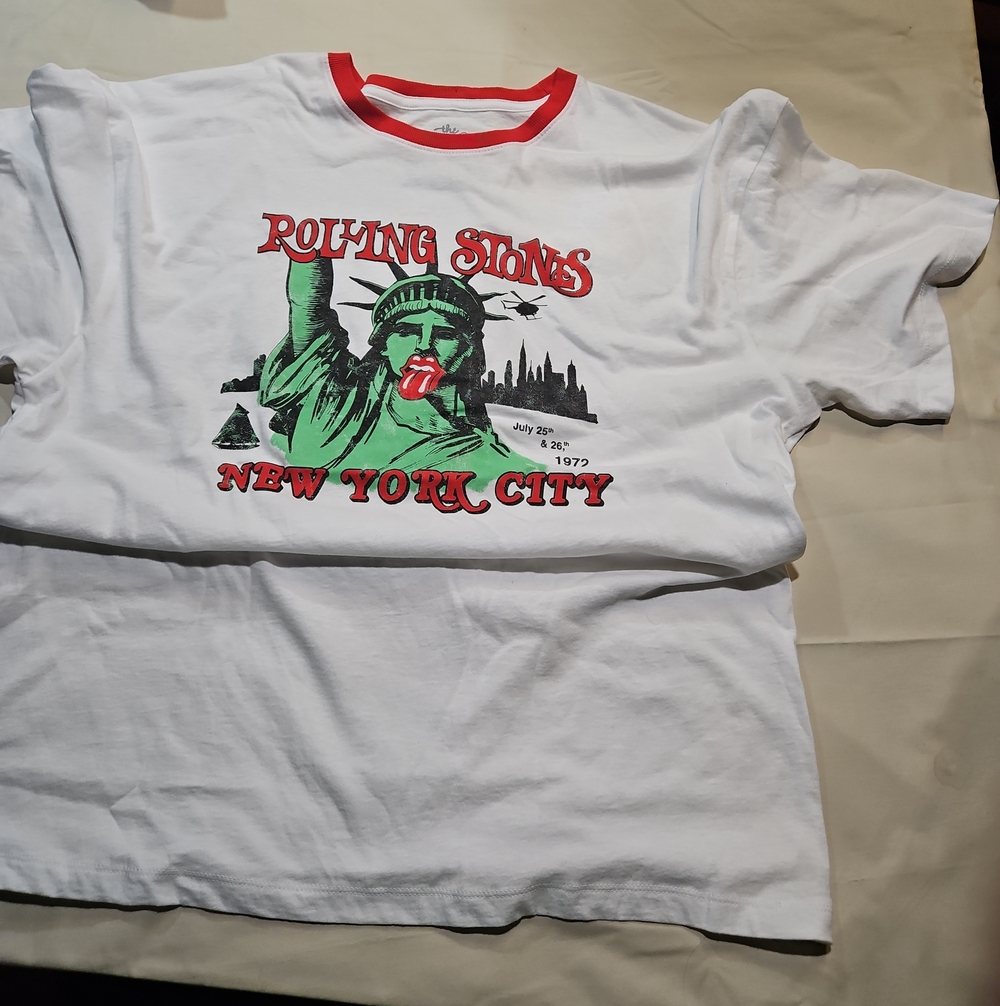 the Rolling Stones White Kids T-Shirt with Red Trim & Green Statue Graphic